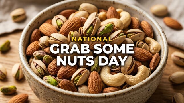 National Grab Some Nuts Day banner with ceramic bowl full of mixed nuts and pistachios