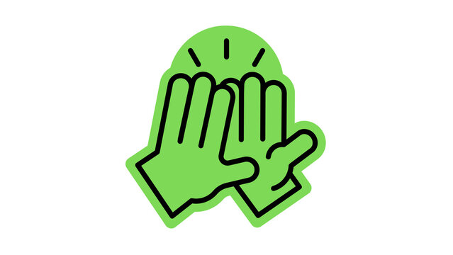 Bright green icon illustration showing two human hands clapping or high-fiving together, isolated on transparent background