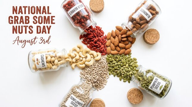 National Grab Some Nuts Day August 3rd banner with glass jars of assorted seeds and nuts