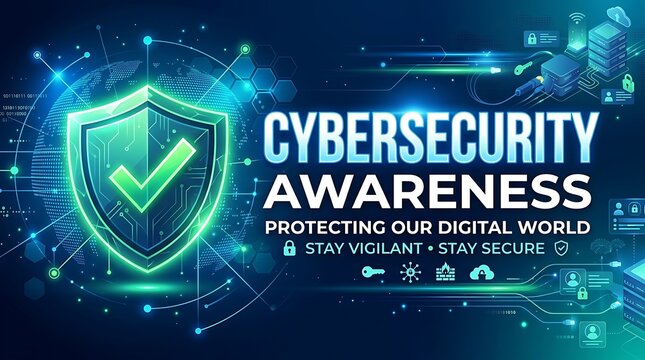 Clean technology banner, bold CYBERSECURITY AWARENESS typeface, shield and secure check icon
