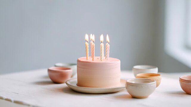 Elegant pink birthday cake with lit candles surrounded by colorful ceramic cups