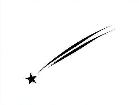 Black shooting star with long elegant glowing trail across white background, abstract vector illustration, minimal cosmic design, clean modern astronomy style. 