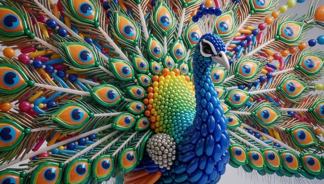 Close-up peacock made colorful beads center body facing towards left side frame multiple layers different colo