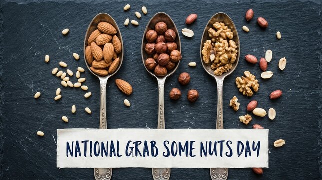 National Grab Some Nuts Day banner with vintage spoons filled with almonds hazelnuts cashews