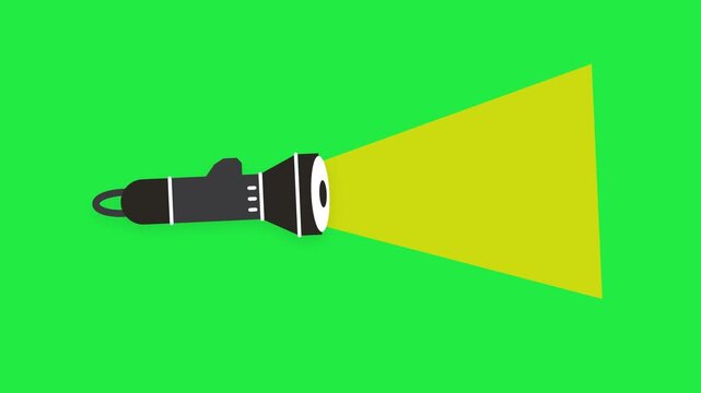 Flashlight Icon with Bright Yellow Beam of Light Projecting Forward and Spreading, Symbol of Illumination, Searching, Guidance, Exploration and Finding Direction, Illustration on Green Screen
