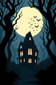 Haunted Gothic Mansion Silhouette Under Giant Full Moon with Flying Bats and Twisted Forest Trees in Misty Night Scene