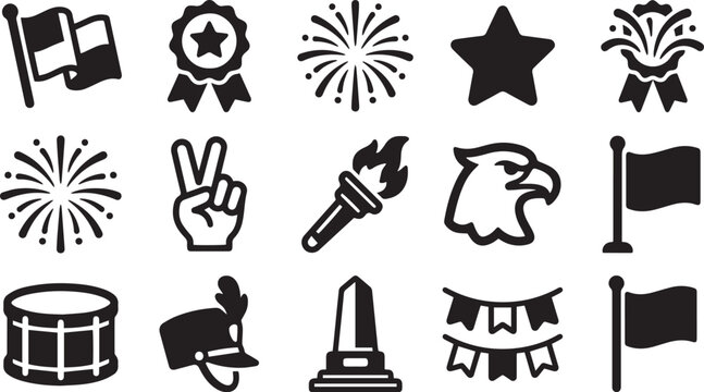 Independence Day, Celebration and Patriotism Glyph Icons Set - Flag, Award Ribbon, Fireworks, Eagle, and Torch Symbols