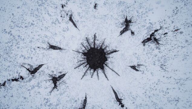 Winter battlefield with artillery craters and shell marks, viewed from above.