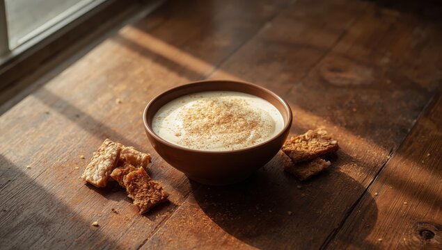 Bowl of creamy corn porridge with cinnamon on rustic wood. Classic Brazilian treat with coconut and peanut brittle.