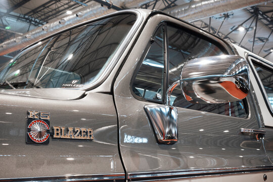 Chevrolet K5 Blazer classic featuring chrome side mirror, factory badging, panoramic windshield and restored vintage bodywork details.