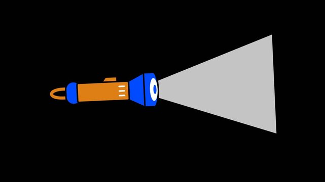 Cartoon Flashlight Turning On and Off with Bright Yellow Beam Appearing and Disappearing, Symbol of Light, Exploration, Searching, Guidance and Illumination in Dark Environment