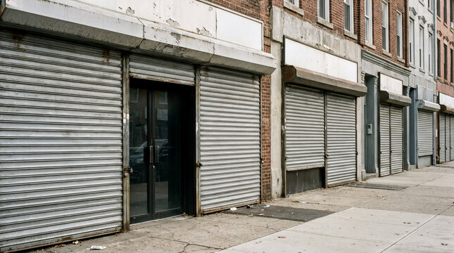 Row of empty shuttered storefronts along a quiet urban sidewalk