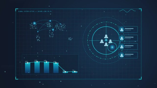 A professional high-quality procedural motion graphic footage of a swirling futuristic holographic analytics interface visual. Featuring glowing paths of  solid theme on high contrast dark back.