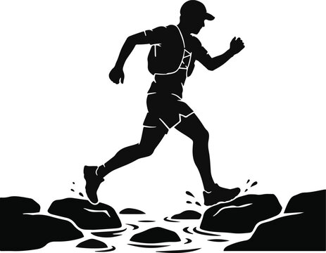 Silhouette of a trail runner leaping over rocks and water on a white background