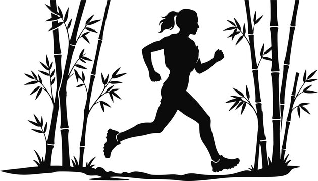 Silhouette of a woman running through bamboo forest on a white background
