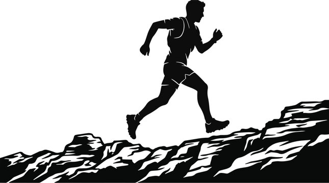 Silhouette of a running man on a mountain peak with rocky terrain black and white
