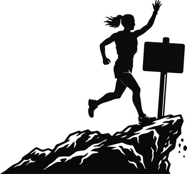 Silhouette of female runner crossing finish line at mountain peak with summit sign