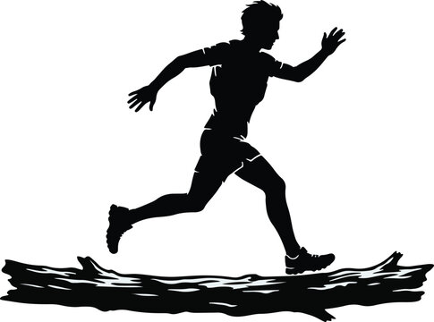 Silhouette of a trail runner in motion over rough terrain with a white background