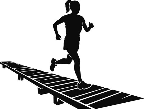 Silhouette of a female trail runner leaping across a narrow wooden bridge