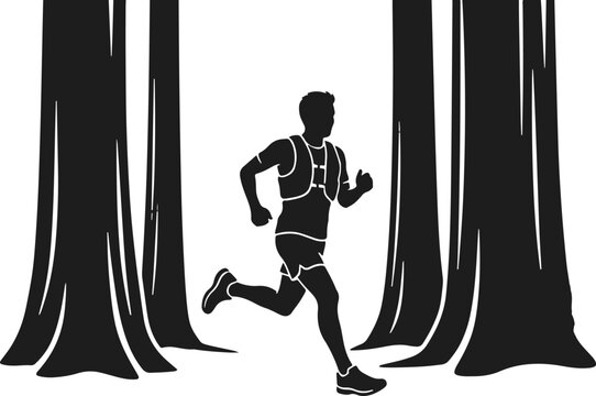 Silhouette of a trail runner amidst trees on a white background athletic outdoor activity