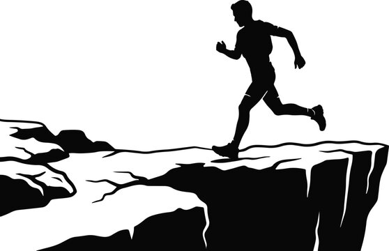 Silhouette of a male runner leaping from a cliff edge against a white background