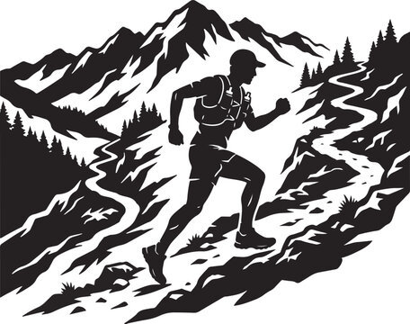 Silhouette of a trail runner ascending a mountain landscape with forest and river