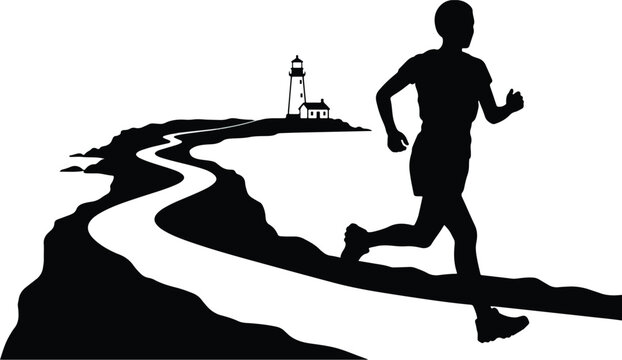 Silhouette of a running man with lighthouse and coastal landscape on a white background