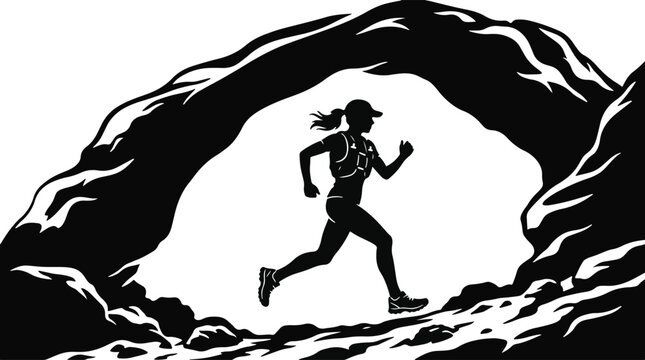 Trail running silhouette of a woman runner passing through a rocky cave entrance
