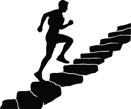 Silhouette of a running man climbing stairs towards success on a white background