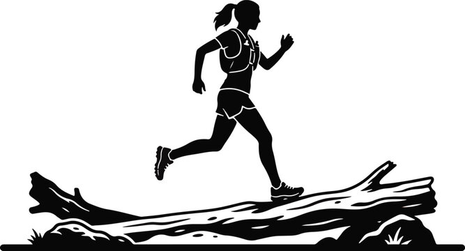 Silhouette of a female trail runner leaping over a log on a white background