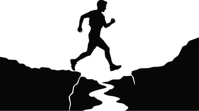 Silhouette of a running man jumping over a chasm on a white background