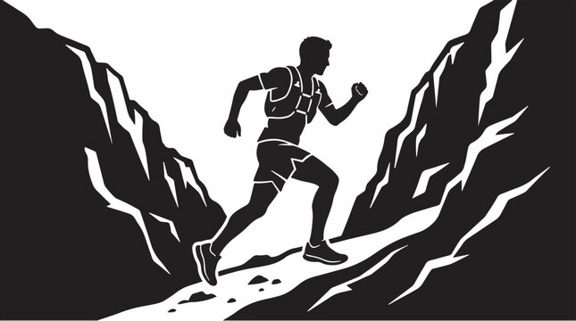 Silhouette of a trail runner ascending a rocky mountain landscape with a white background