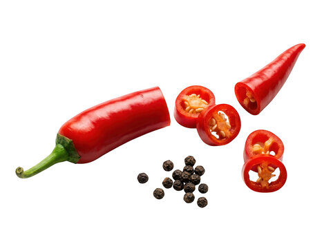 Fresh red chili pepper sliced with black peppercorns isolated on transparent background