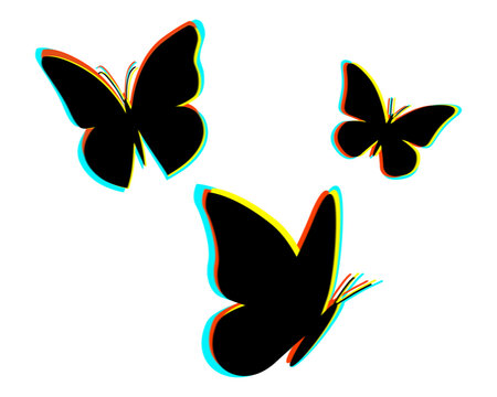 Butterfly silhouettes with colorful chromatic aberration effect isolated on transparent background. Perfect for cyberpunk artwork, social media graphics, stickers, branding, apparel, posters, etc.
