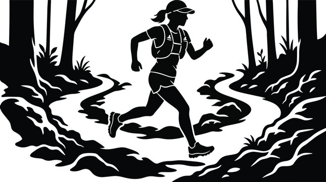Silhouette of a female trail runner in a forest with a white background