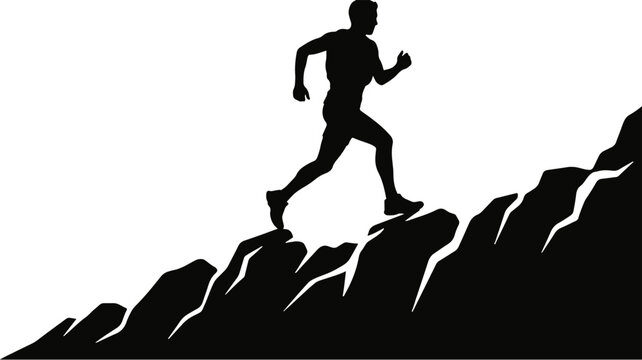 Silhouette of a running man on rocky terrain with a white background