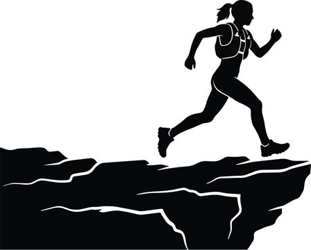 Female trail runner silhouette leaping across a rocky cliff edge on a white background