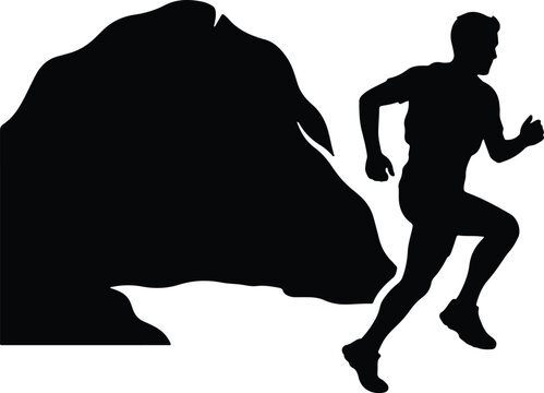 Silhouette of a man running from a bull against a white background dramatic escape