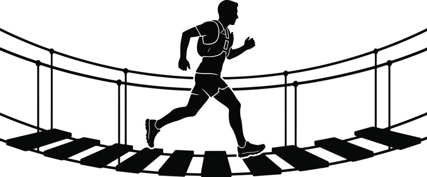 Silhouette of a man running across a rope bridge on a white background