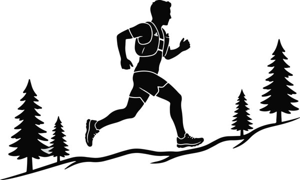Silhouette of a male trail runner with pine trees on a white background
