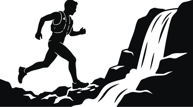 Silhouette of a trail runner near a waterfall on a rocky landscape with a white background