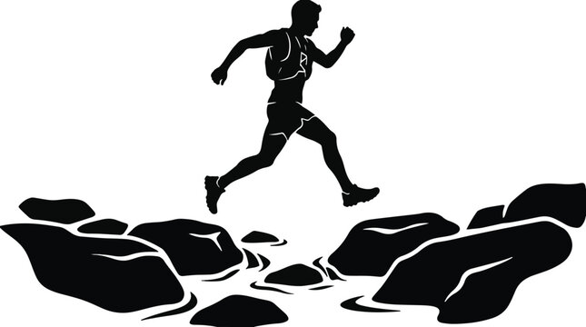 Silhouette of a male trail runner leaping over rocks on a white background