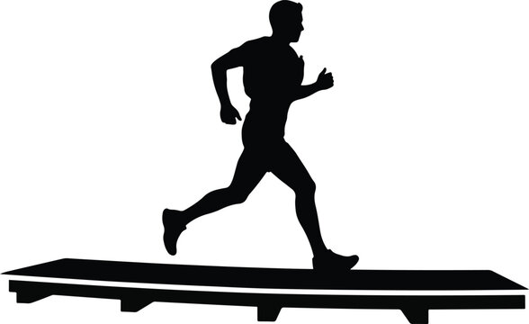 Silhouette of a man running on a treadmill against a white background for fitness concepts