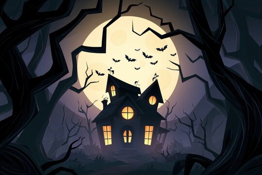 Haunted Gothic Mansion Silhouette Under Giant Full Moon with Flying Bats and Twisted Forest Trees in Misty Night Scene