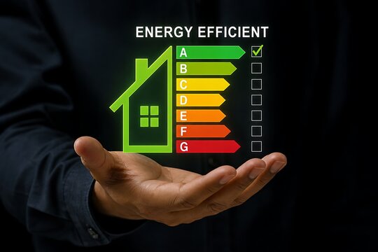 Hand holding green energy efficient house with a to g rating scale, eco concept