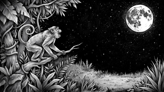 Black and white illustration of a monkey on a tree branch looking at the full moon in a night sky
