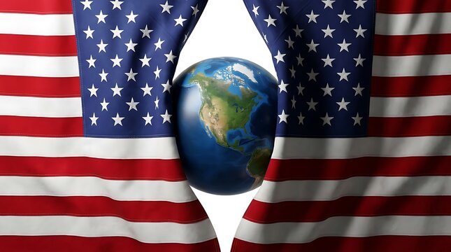 Earth globe positioned between two waving united states flags isolated on white background