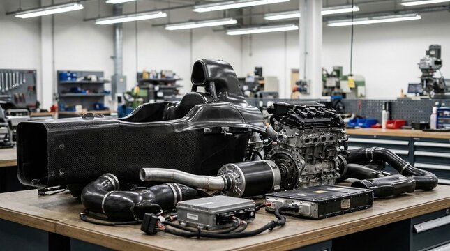Hybrid racing powertrain layout with carbon fiber monocoque, combustion engine, electric motor, battery pack, inverter, and energy recovery components in workshop