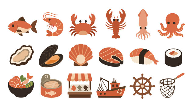 Colorful seafood and sushi icons illustration set.
