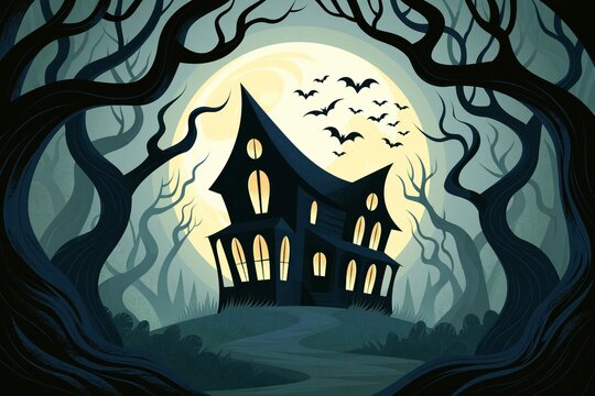 Haunted Gothic Mansion Silhouette Under Giant Full Moon with Flying Bats and Twisted Forest Trees in Misty Night Scene